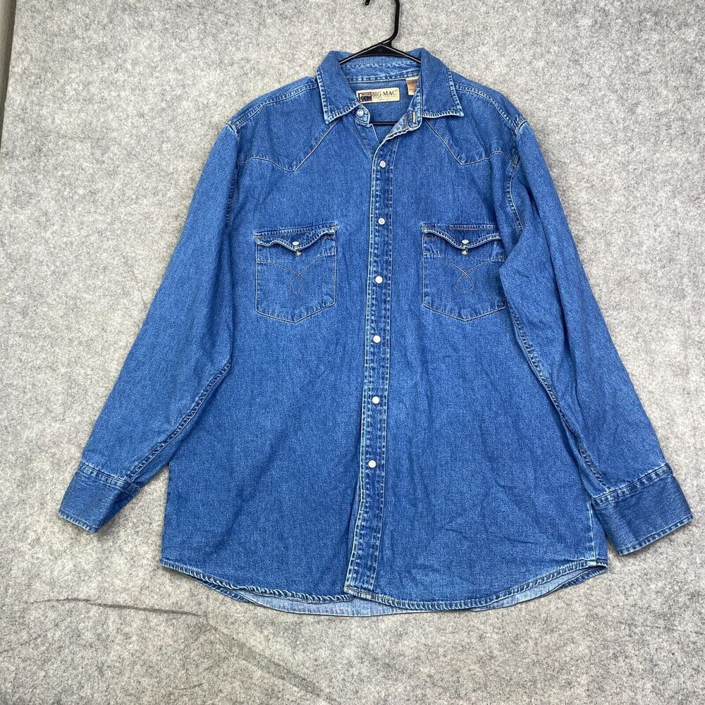 Vintage Big Mac Shirt Mens XLT Denim Pearl Snap Blue Cotton Workwear Chore Barn
